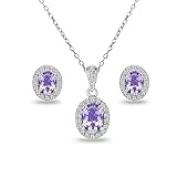 Sterling Silver Genuine, Created or Simulated Gemstones and White Topaz Oval Halo Necklace and Stud Earrings Set