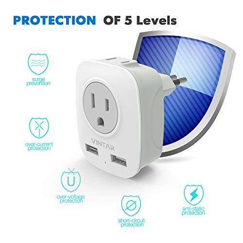 [2Pack] Italy Travel Power Adapter, VINTAR 3 Prong Grounded Plug with 2 USB and 2 American