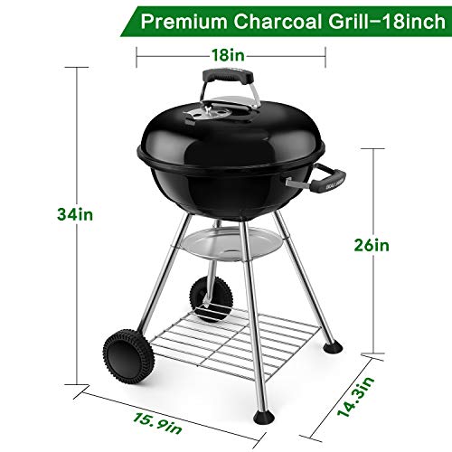 BEAU JARDIN Premium 18 Inch Charcoal Grill Kettle for Outdoor Barbecue Camping BBQ Coal Grill Cooking Tailgating Portable Heavy Duty Round with Thickened Grilling Bowl Wheels for Small Patio Backyard