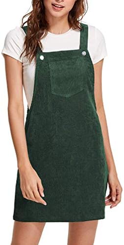 Women Suspender Dress A-Line Strap Corduroy Pinafore Mini Denim Overalls with Bib Pocket