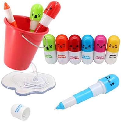 1PCS Keg Pen Holder + 10PCS Random Color Pill Ballpoint Pens, Design Floating Container Novel Pen Holder For Desk - Red