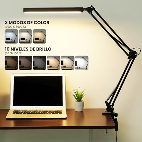CHARMDOMI Lampara de Escritorio con Brazo Flexible de 360°-Lampara de Mesa,Lamparas Mesa de Trabajo con 3 Ajustes de Colo,Desk Lamp Lámpara de Escritorio Ajustable (Lámpara ajustable negra)