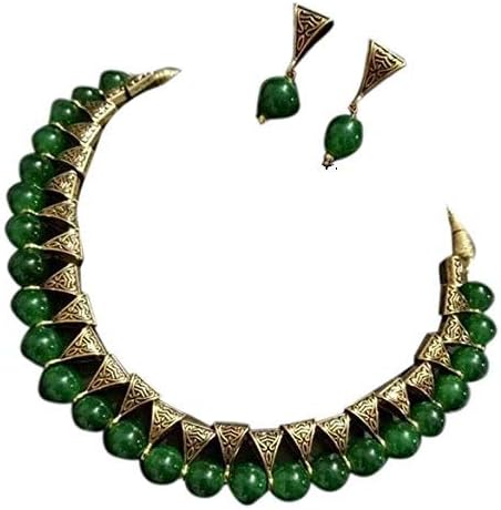Saraa Dazzling Gold Plated Oxidized Polish Metal Green Coloured Pearl Jewellery Set For Women/Girls (Green, Oxidized Gold)