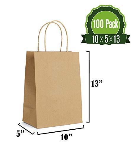 Kraft Paper Gift Bags Bulk with Handles [ Ideal for Shopping, Packaging, Retail, Party, Craft, Gifts, Wedding, Recycled, Business, Goody and Merchandise Bag] (100 Counts) (Brown)