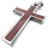 Men's Stainless Steel Wood Pendant Necklace Silver Tone Brown Cross -with 23 inch Chain
