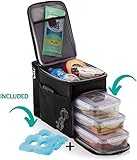 Zuzuro Lunch Bag Insulated Cooler Lunch Box w/ 3 Compartment - Heavy-Duty Fabric, Strong SBS Zippers - Includes 3 Meal Prep Lunch box Containers + 2 Ice Packs. For Men Women Adults (Black)