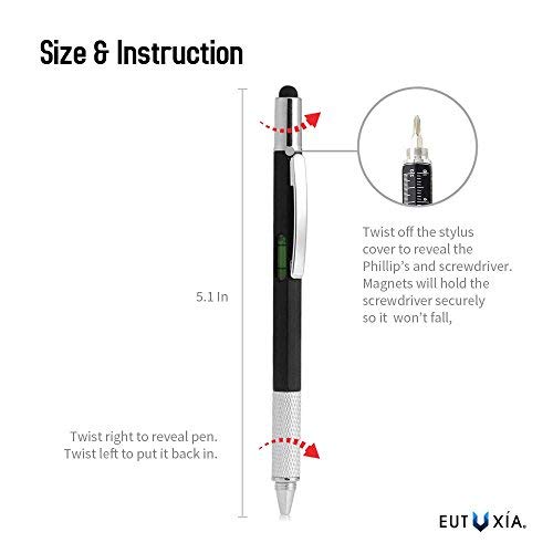 Eutuxia 6-in-1 Multitool Twist Retractable Ballpoint Pen, Ruler (In. & Cm.), Spirit Level, Touch Screen Stylus, Phillips & Flat Head Screwdriver. Mini Multifunction Tech Tool Kit. [Black 2 PK] - Thumbnail 4