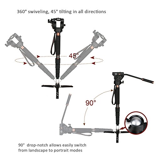 Camera Monopod Kit, Cayer CT35DV 68 inch Carbon Fiber Video Monopod Leg and K3 Fluid Head with Removable Tripod Base for DSLR and Video Camera Camcorders,Plus 1 Extra Quick Release Plate,Carrying Bag