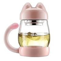 LifeCom Cute Cat Mugs, Portable Heat Resistant Cup a Lid & Strainer - Adorable Gift for Cat Lovers(Pink)