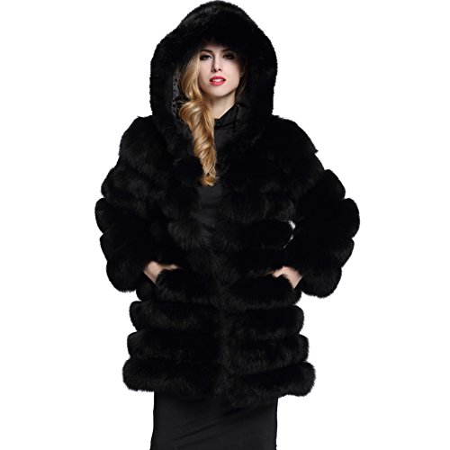 TOPFUR Women's Coat Black Fox Full Skin Fur Outerwear With Hat Overcoat(US 4) TOPFUR Women's Coat Black Fox Full Skin Fur Outerwear With Hat Overcoat(US 4)