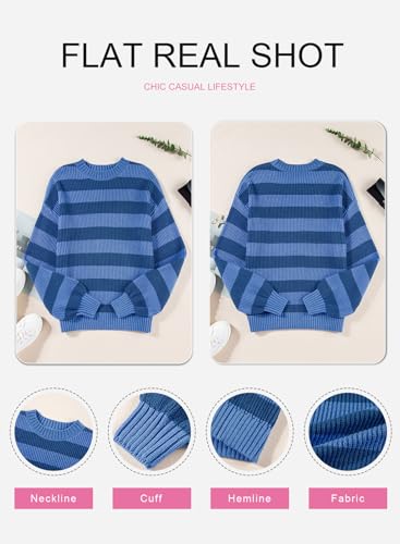 SHEWIN WOMENS SWEATERS CASUAL CREWNECK LONG SLEEVE SHIRTS LOOSE LIGHTWEIGHT KNIT PULLOVER SWEATER SPRING CLOTHES FOR WOMEN 2025 BLUE STRIPE MEDIUM