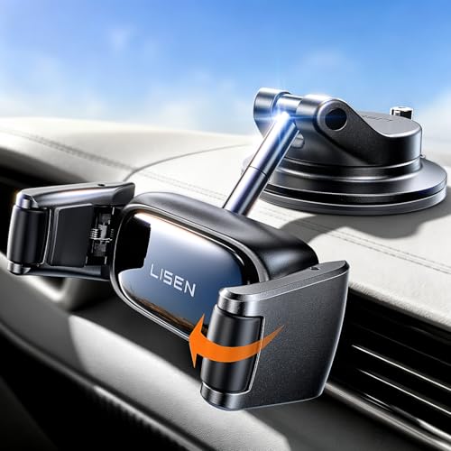 LISEN Snapmount Mobile Phone Holder Car - [Roll Design] [0.1 Second Glides In] Mobile Phone Holder Car with Vacuum Suction Cup, 360° Rotatable Car Mount for iPhone 17 Pro Max & Android with Thick
