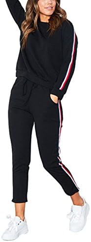 Dongpai Women's Solid Long Sleeve Sweatshirt and Pants Striped 2pcs Sweatsuit Tracksuit