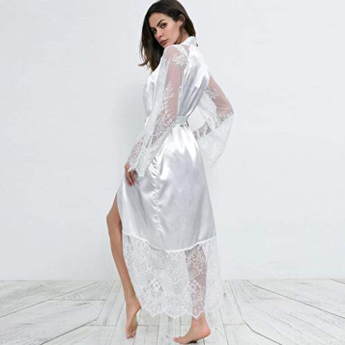 Womens Lace Trim Kimonos Robes Long Satin Gown Bathrobe Sleepwear Lace Sleeve Loungewear with Belt White