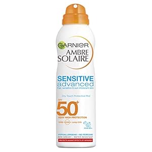 Garnier Ambre Solaire Sensitive Hypoallergenic Dry Mist Sun Cream Spray SPF50+, Non Greasy High Sun Protection SPF50…