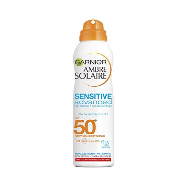 Garnier-Ambre-Solaire-Sensitive-Advanced-Spray-SPF50-200ml Garnier Ambre Solaire Sensitive Hypoallergenic Dry Mist Sun Cream Spray SPF50+, Non Greasy High Sun Protection SPF50…