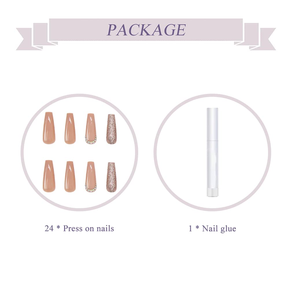 BABALAL Glossy Press on Nails Long Coffin Full Cover False Nails Shiny Stick on Nails Nude Fake Nails for Women and Girls - Image 6