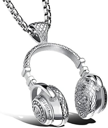 Chimoly Men Titanium Stainless Steel Necklace Music Earphone Headphone Pendant Chain Punk Style Silver 21.6"