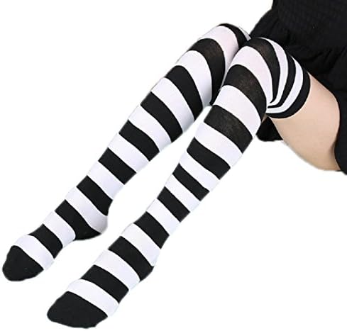 FUNNY365 Women Stripe Tube Dress Over Knee Thigh High Stockings Cosplay Socks (Black)