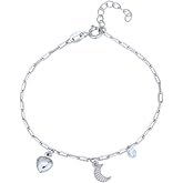 Vanbelle Sterling Silver Jewelry - Rhodium Plated with 925 Stamp - Heart & Moon Charms Bracelet for Women - 6.5 Inch long + 1 Inch Extender