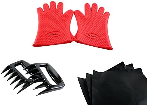 Silicone Heat Resistant BBQ Grilling Gloves, Meat Shredder Claws &amp; 3 Non-Stick Grill Mat Bundle by La Kocina (One Size Fits Most)