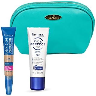 Two Piece Rimmel Kit with Match Perfection 2-in-1 Concealer and Highlighter (Light Medium, 0.23 Oz) and Fix Perfect Pro Primer (1 Oz) with Aquamarine Draizee Leather Cosmetic Bag