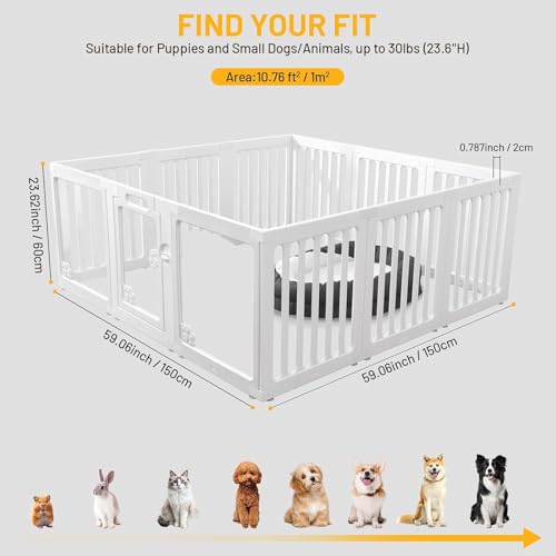 KAPEICamper Dog Playpen, Clear Acrylic Pet Puppy Enclosure Cat Rabbit Play Pen, Easy Assemble Foldable Crate Whelping Box for Medium Dogs with Gate (White, L, 12 Panels)