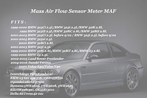 New Mass Air Flow Sensor Meter MAF for BMW E36 E39 E46 3 Series 5 Series Z3 Series Land Rover Freelander Suzuki Verona Volvo S40 V40 2.5L 2.8L Edition Replace OE # 5WK9605 13621432356