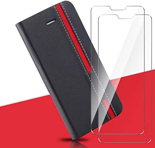 HYMY Flip Case Cover Bookstyle Shell for Blackview P6000 + 2Pcs Tempered Film Screen Protector Protection Film - TPU Silicone PU Protection Cover Skin Shell Screen Film-Black