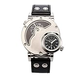 LEORX Oulm Sports Steel Case PU Band Dual Time Mens Quartz Analog Wrist Watch (Black)