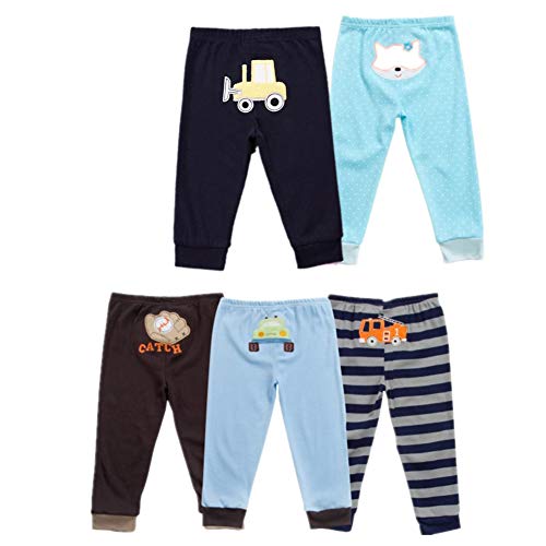Monvecle Baby Boy 5 Pack Newborn to Toddler Cotton Long Cartoon Pants Gift Set 24M