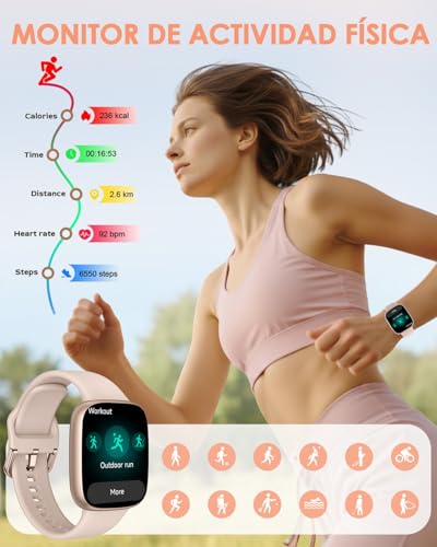 E T EASYTAO Smartwatch Mujer, Pantalla AMOLED de 1.85", Resistencia al Agua 3 ATM, Llamadas Bluetooth, Reloj Inteligente Mujer, 100+ Modos de Entrenamiento, Control por Voz, Rosa