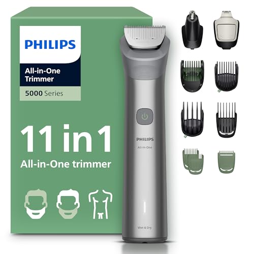 Philips Multigroom série 5000 Tondeuse tout-en-un 11 accessoires – tondeuse pour barbe, cheveux et corps, lames en métal auto-affûtées, 17 hauteurs de coupe (0,5-16 mm), modèle MG5951/15