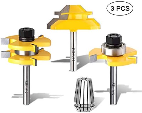 SILIVN Set of 3 Pieces 1/4 Inch Shank Matched Tongue and Groove Router Bit + 45 Degree Lock Miter Router Bit 3/4 Inch Stock Joint Router Bit（Come with a 1/4 ER20 Spring Collect）