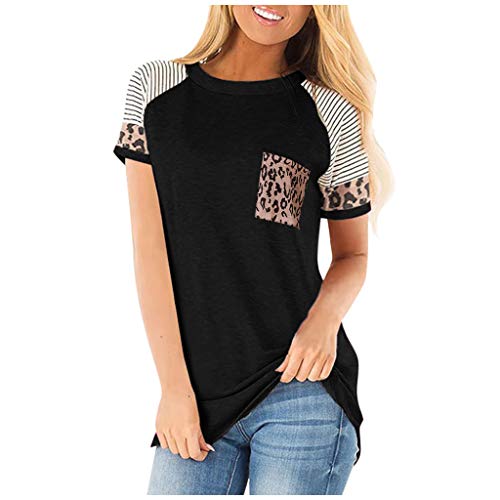 Moilant Women Leopard Pocket T Shirts Striped Sleeves Tops Casual Loose Blouse Tunics Black