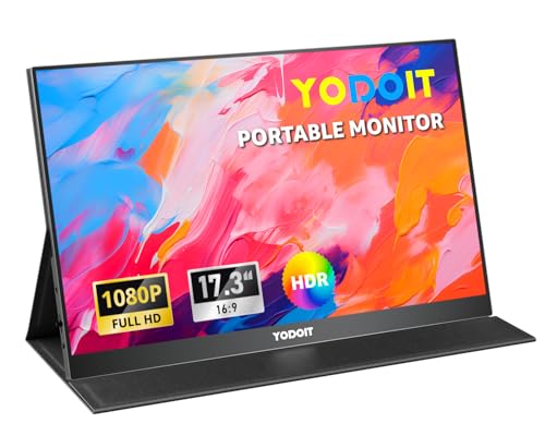 Yodoit Portable Monitor 17,3 Zoll 100% sRGB 1920 × 1080 FHD Tragbarer Bildschirm IPS Display mit USB Typ C eingebauten Lautsprechern Monitor für PC, L