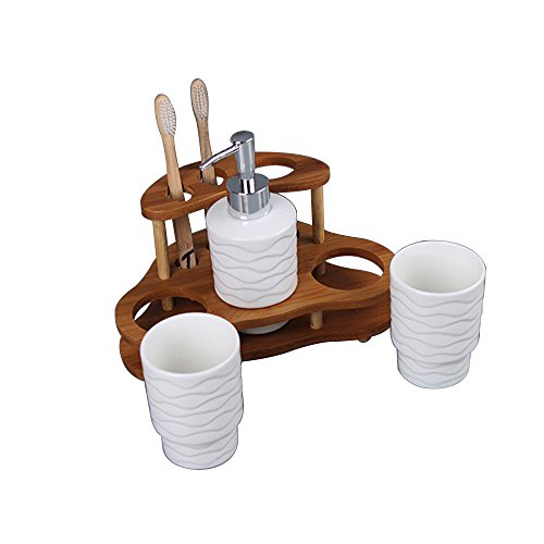 image for Generic Ceramics Soap Dispenser and 2 Tumblers, Bamboo Toothbrush Hold