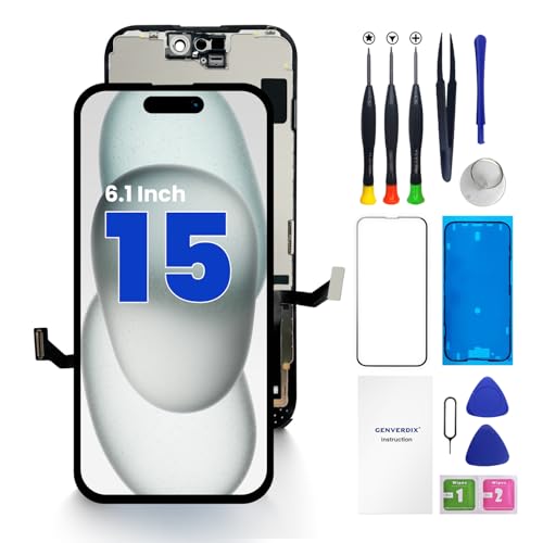 for iPhone 15 Screen Replacement, 6.1 inch 3D Touch LCD Display Full HD Repair kit Genverdix, Digitizer Assembly with Tools Set, Tempered Glass, Waterproof Frame Adhesive
