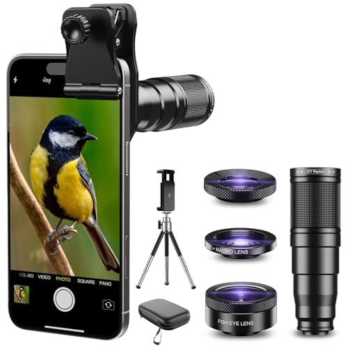 Evil Eye - 22x Telephoto Lens/ 205° Fisheye Lens/ 120° Wide Angle Lens/ 20x Macro Lens/ Tripod and Remote Shutter for iPhone Samsung, Huawei and Most