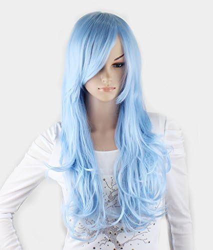 WY Blue Sky 24inch Light Blue Long Natural Curly Wave Layered Medium Synthetic Cosplay Wig for Women with Side Swept Bangs Fringe Fashion + Free Wig Cap