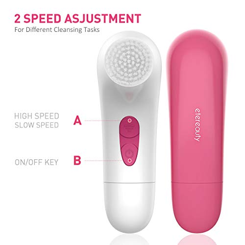 【2019 Upgraded】ETEREAUTY Facial Cleansing Brush, Waterproof Face Brush with 4 Brush Heads and a Protective Travel Case - Deep Cleansing, Gentle Exfoliating, Removing Blackhead for Face and Body, Pink