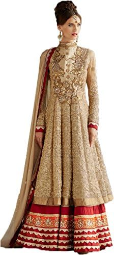 Rozdeal Women's Net Embroidery Floor Touch Anarkali Suit Free Size Cream
