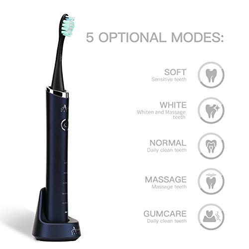 Sonic Electric Toothbrush with UV Sanitizer Travel Case,Wireless Rechargeable Sterilizer Powered Tooth Brushes for Adults, 5 Optional Modes, 2 Mins Smart Timer, USB Fast Charging & Replace (Blue)