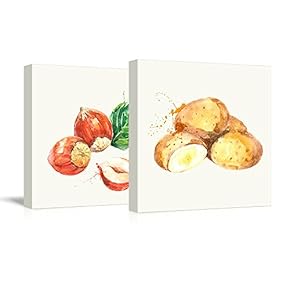 2 Panel Square Canvas Wall Art - Nutmeg and Potato Watercolor | Fruits Watercolor Art and Illustrations - Giclee Print Gallery Wrap Modern Home Art Ready to Hang - 12"x12" x 2 Panels