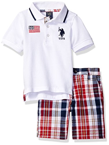 U.S. Polo Assn. Little Boys  Embellished Pique Shirt and Plaid Short, White, 4T