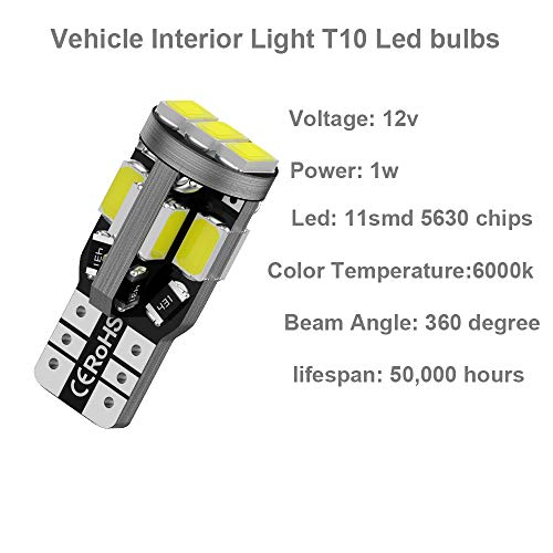 12v T10 194 Led Bulbs, 168 Led Bulbs, Bright 6500K 11SMD 5630 Chipset 2825 W5W Interior Light Led Bulbs for Vehicle Car Truck Dome Light Map Light Door Courtesy Light License Plate Light, Pack of 6 - Thumbnail 5
