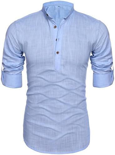 Men's Linen Cotton Long Sleeve Stand Collar Button Down Shirt Light Blue L