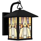 Ceybo 1-Light Matte Black Outdoor Wall Sconce with Handcrafted Amber-Toned Glass, Mission Style, Compatible with LED and Inca