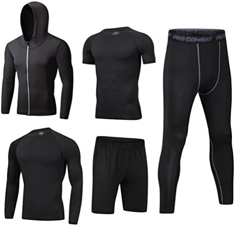 DooxiMens 5pcs Sports Gym Fitness Clothing Set Hoodies Jackets+Long Sleeve+Short Sleeve Base Layers T Shirts+Loose Fitting Shorts+Compression Pants for Workout Training Running Tracksuits