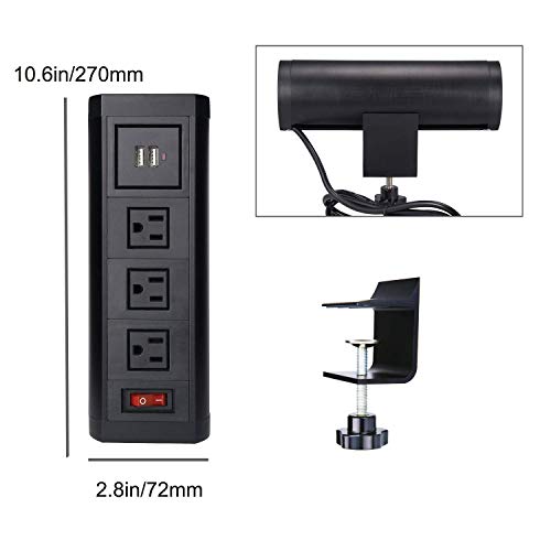 Desktop Clamp Power Socket with 2 USB Ports, Removable Mount Multi-Outlets with Switch, Desk Power Bar Station Connect 3 Plugs for Reading Home Office